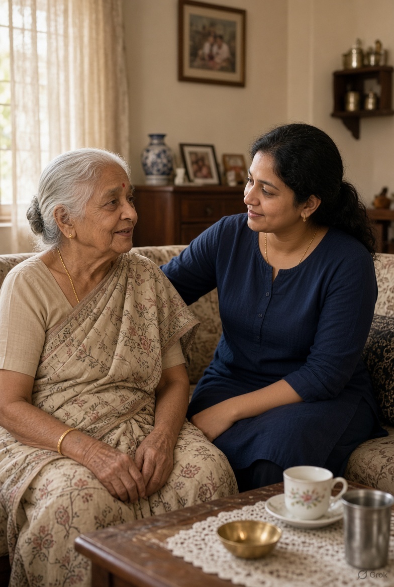 A scene illustrating dementia care at home at home in India